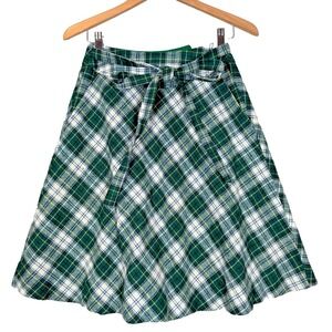 Wool Wrap Skirt Waist 26" Knee Length A-Line Pockets Green White Plaid Hand Made